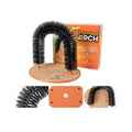 White plastic cat grooming arch scratcher with a central built-in brush panel.