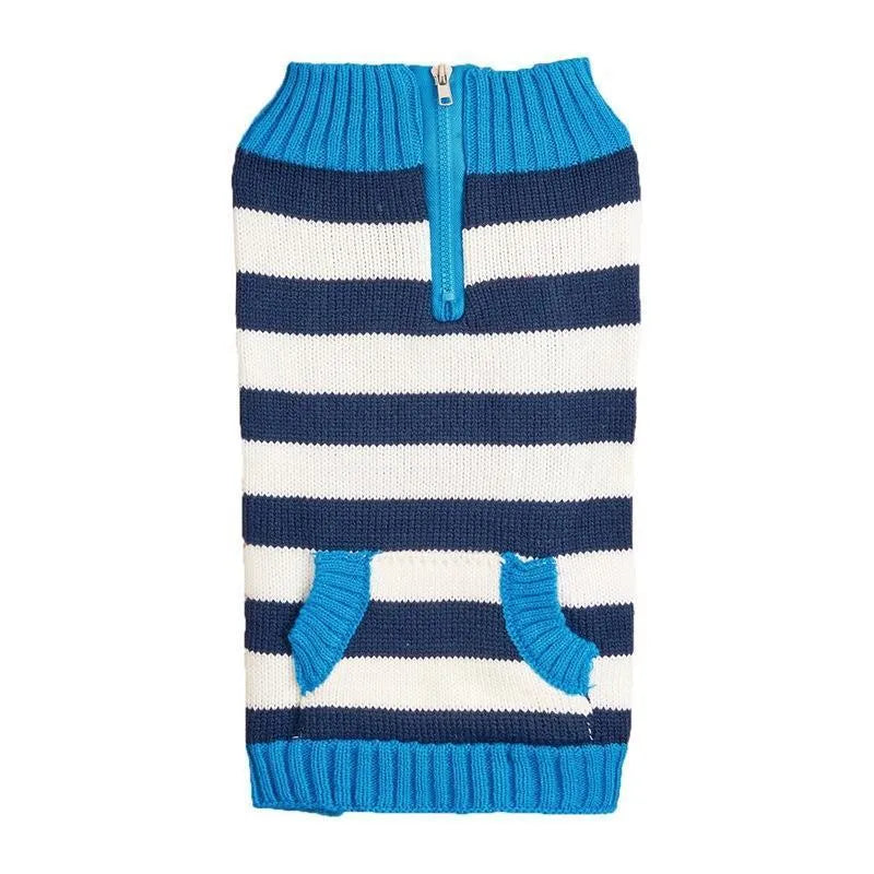 Grey dog sweater with horizontal zipper and contrast colour pocket on small breed dog