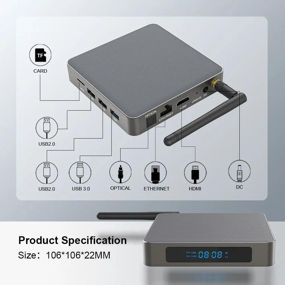 Bluetooth 8K Android set-top box with HDMI port and compact design