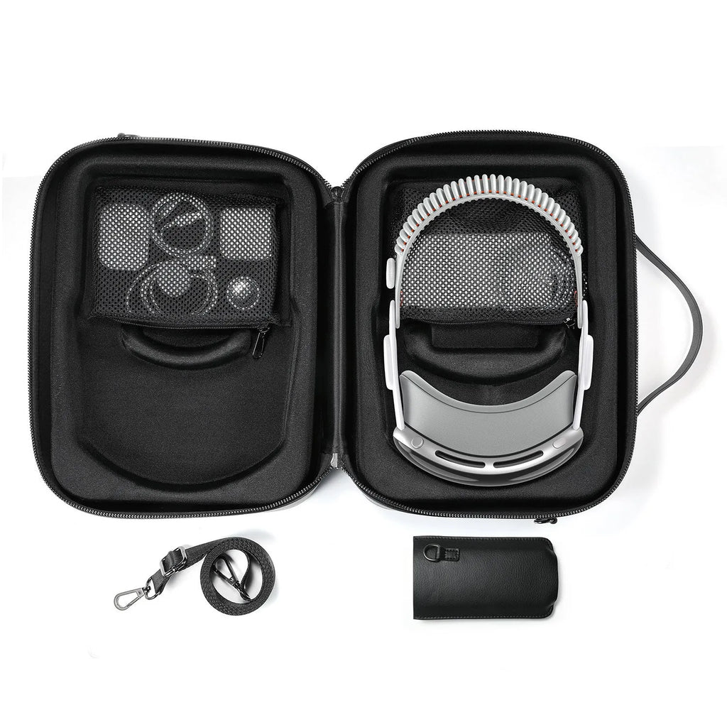 Black superfiber MR glasses storage box showing internal dimensions for head-mounted equipment.