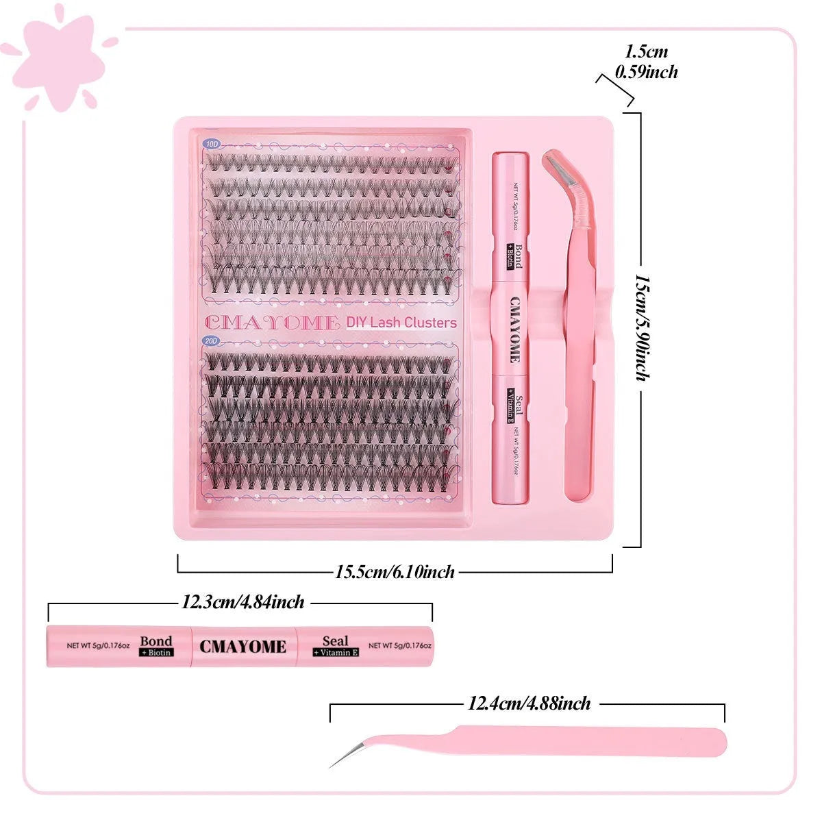 DIY single cluster false eyelashes showing artificial fibre mixed split type clusters on storage tray