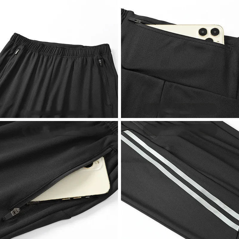 Men's black running trousers in polyester fabric with trousers-length legs for spring exercise