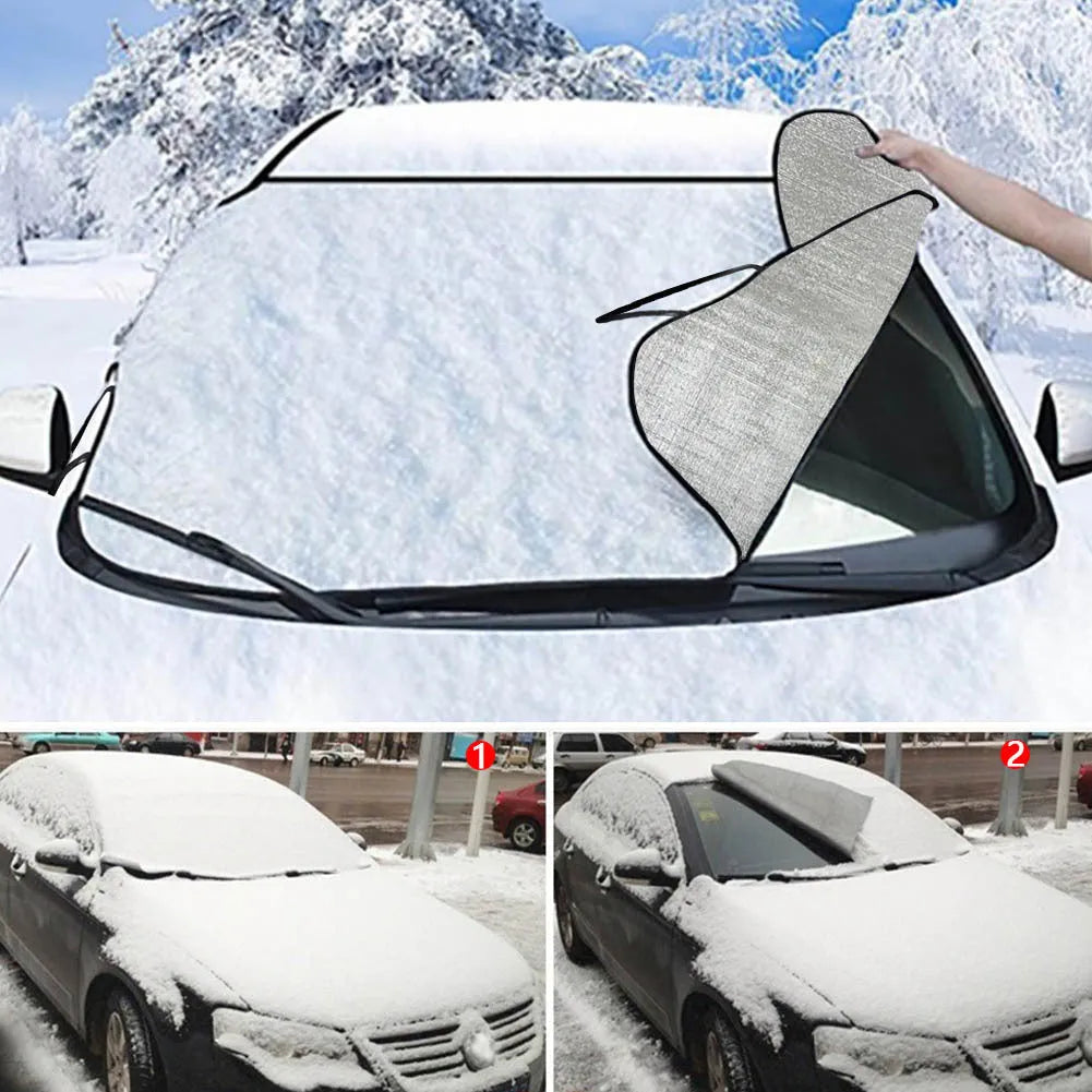 Car front snow protection cover made from silver aluminium foam polyester fabric with black lanyard installation system