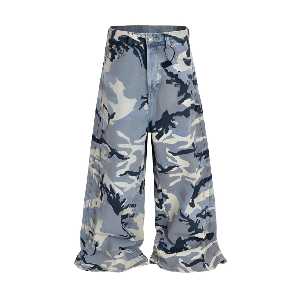 Blue snow camouflage pattern loose fit denim jeans for men and women on a mid waist