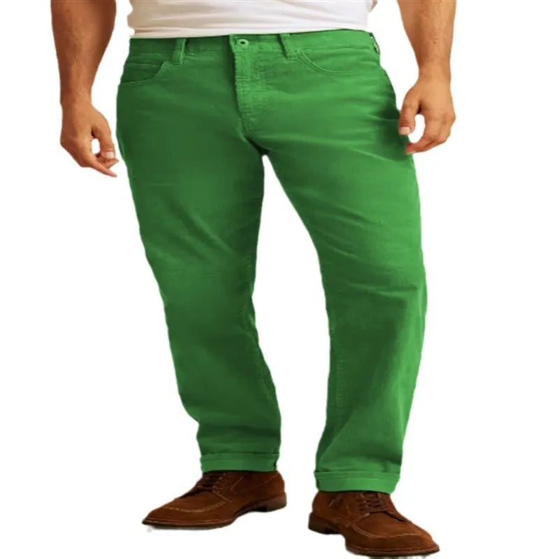 Men's loose fit straight leg corduroy trousers in Army Green colour.