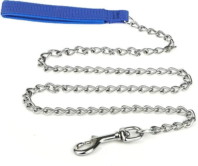 Heavy duty metal dog leash chain with soft black padded handle, shown at full 120cm length.