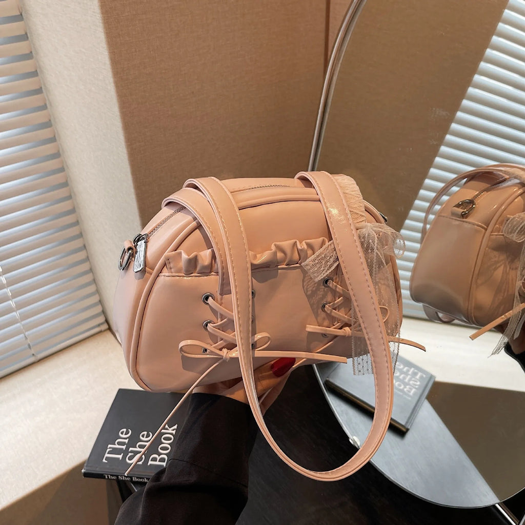 Ladies bandage bow shoulder handbag in PU leather with mobile phone pocket interior