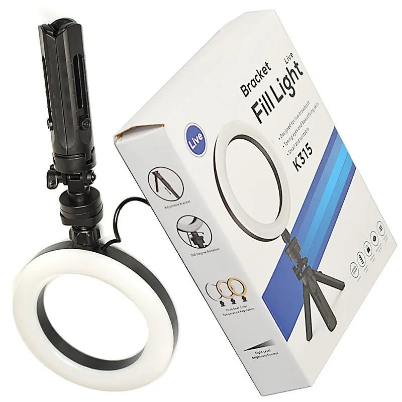 Desktop tripod suit with mobile bracket and colour adjustable fill light for live streaming, black colour