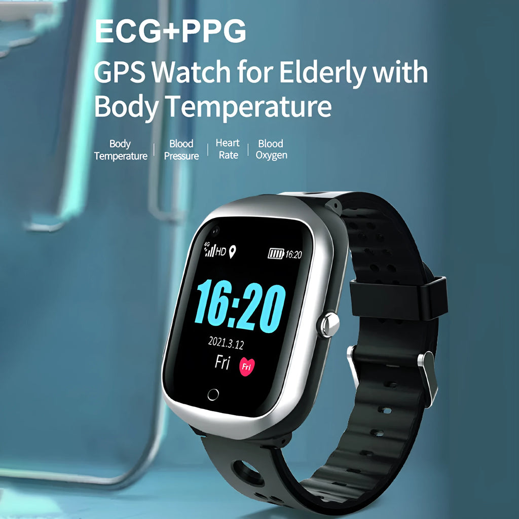 Black elderly safety smartwatch with square 1.3-inch screen and silicone strap, showing intelligent positioning interface.