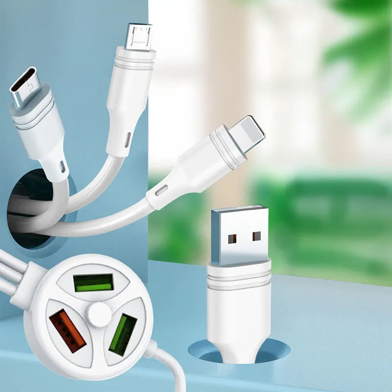 USB charging cable with Micro USB, Mini USB, and Type-C connectors showing 1.2 metre length