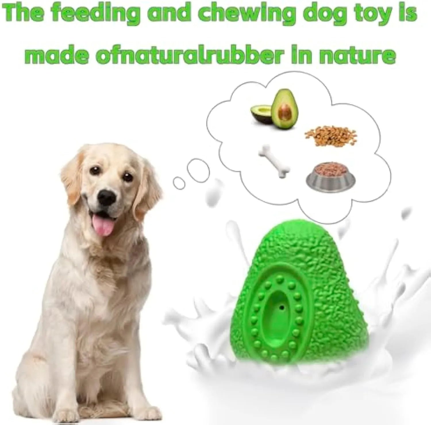 Green natural rubber dog chew toy with textured avocado design for aggressive chewers