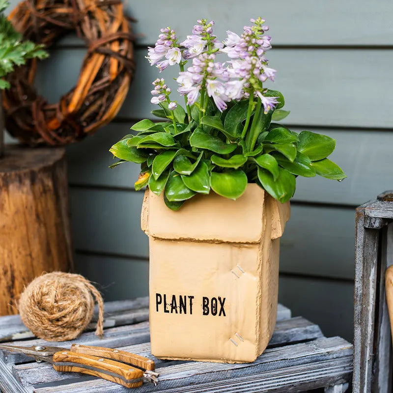 Cement flowerpot with brown paper box design and drainage holes for indoor planting