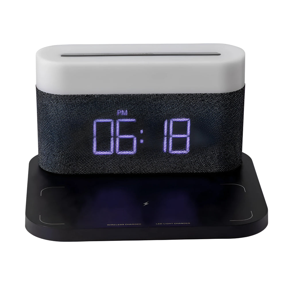 Modern glass wireless charging desktop clock with night light function in black minimalist design