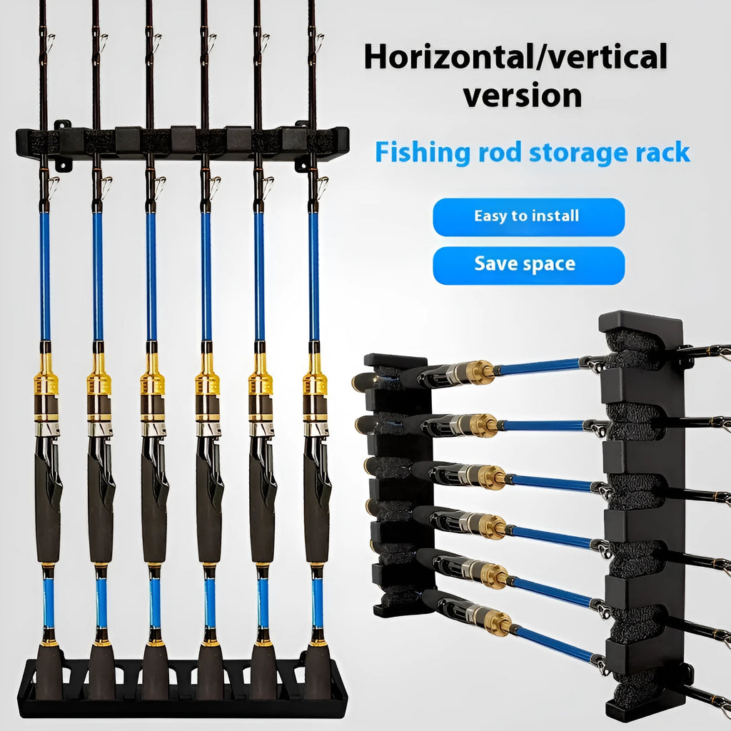 Black ABS plastic wall-mounted fishing rod holder for upright or horizontal storage.
