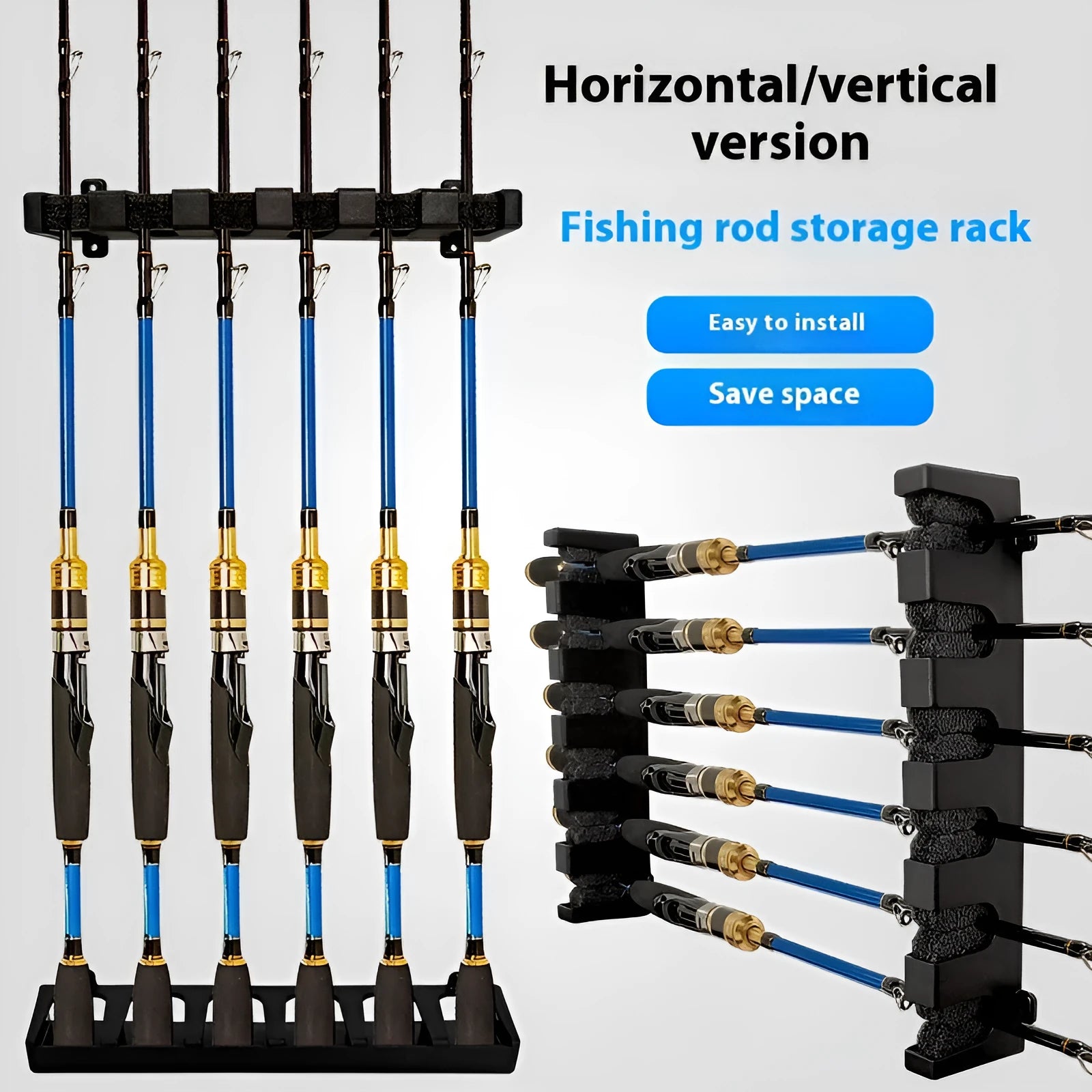 Black ABS plastic wall-mounted fishing rod holder for upright or horizontal storage.