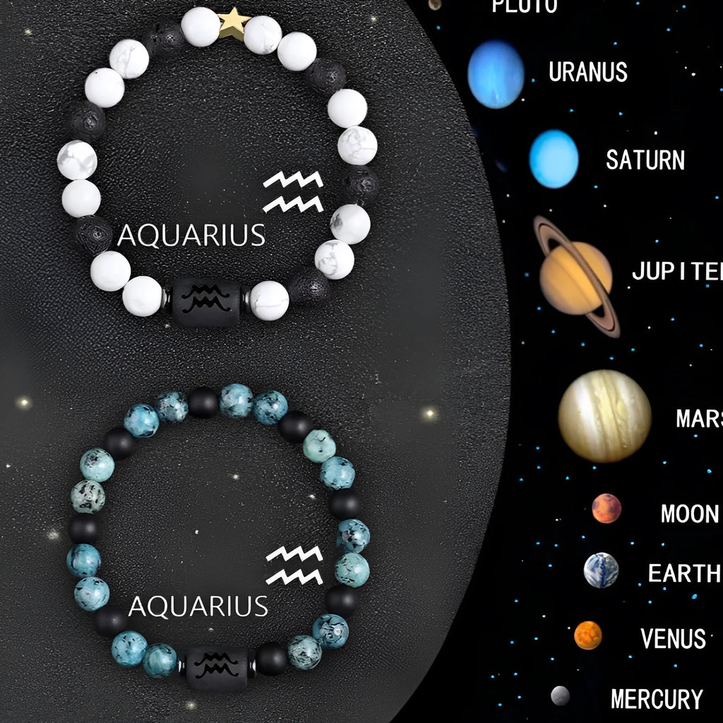 Set of twelve natural stone zodiac sign bracelets with elastic closures arranged in circle