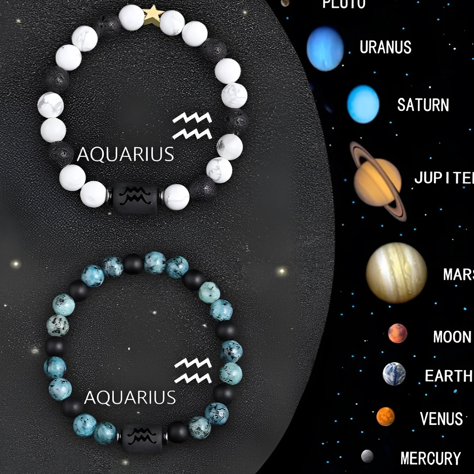 Set of twelve natural stone zodiac sign bracelets with elastic closures arranged in circle