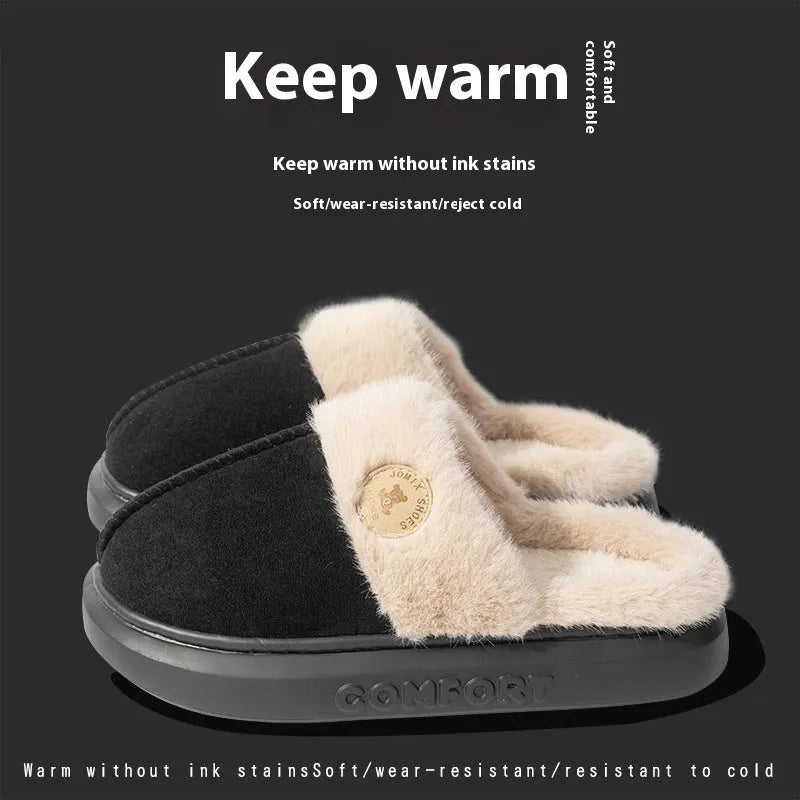 Plush winter slippers with thick PVC sole and fleece upper in various colours