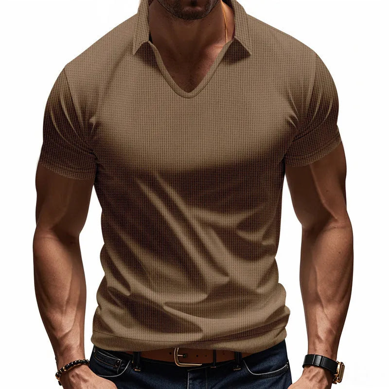 Men's light grey V-neck short sleeve t-shirt with loose fit casual design