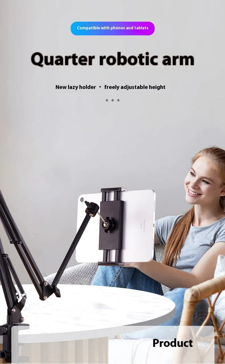 Black foldable metal desktop cantilever bracket with tablet clip extended in adjustable position