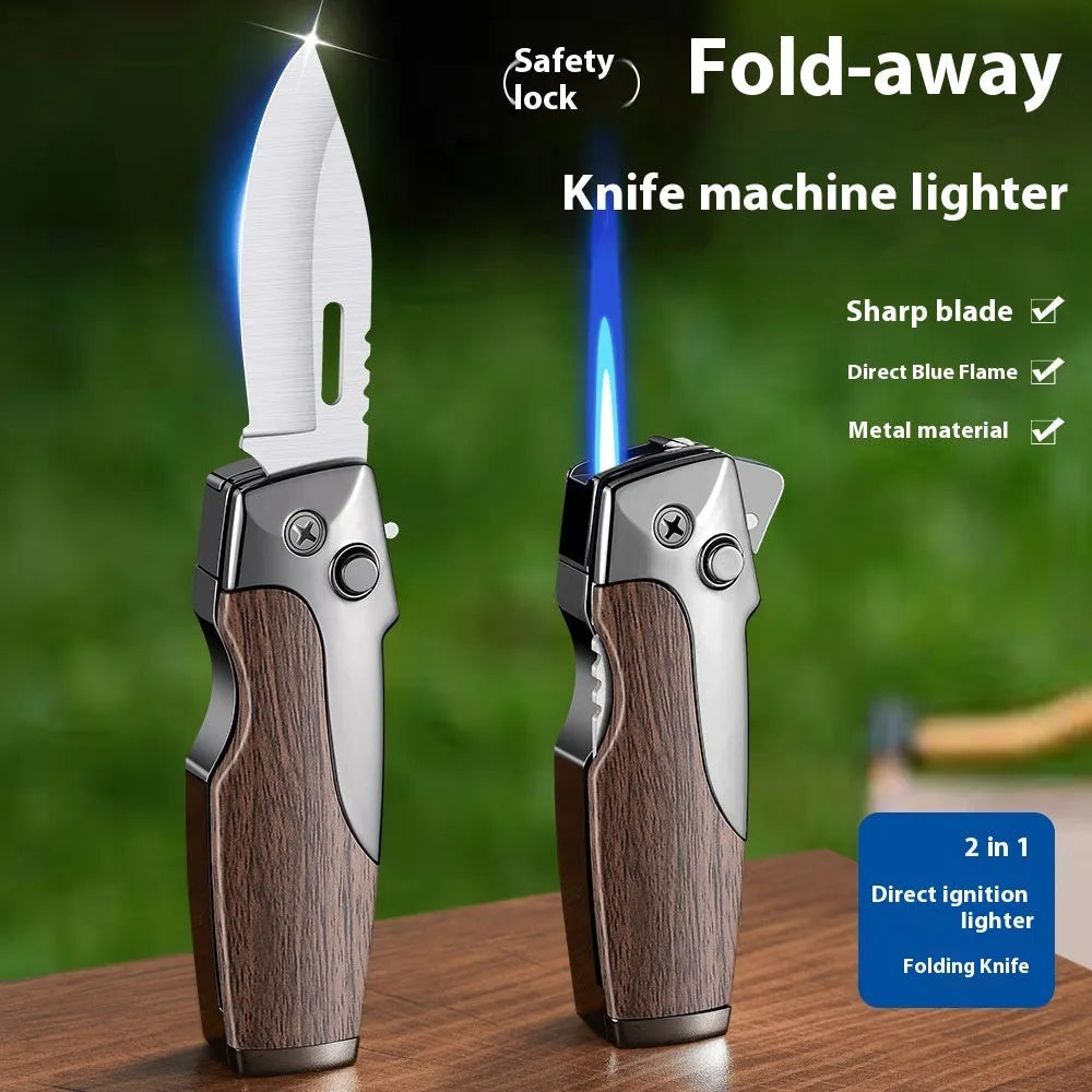 Zinc alloy folding lighter with jet flame and knife functions in closed position