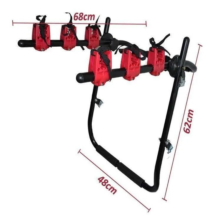 Black and red iron-framed car boot bike rack with tie rope fastenings.