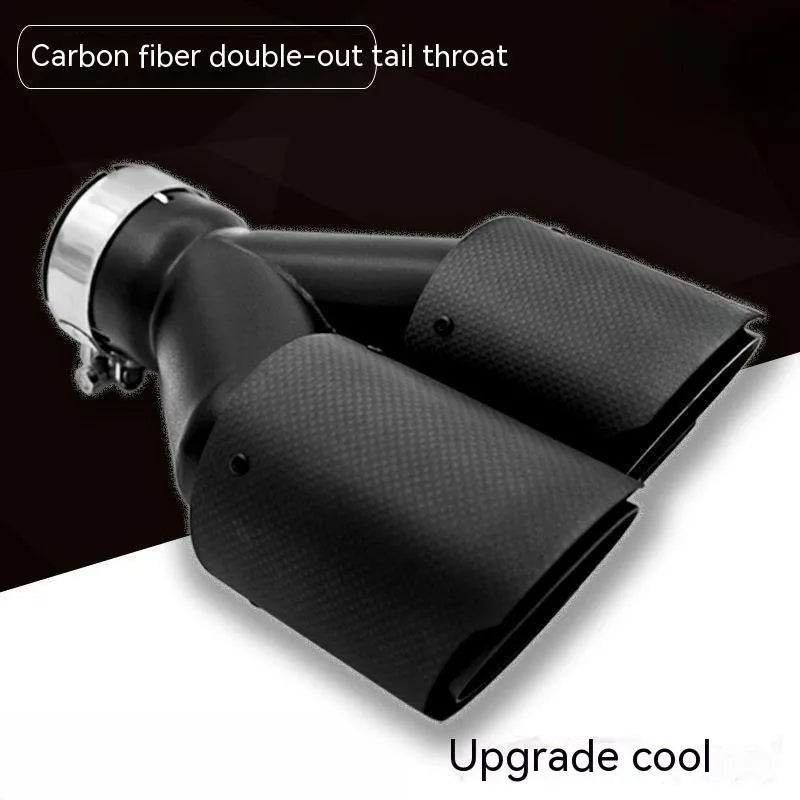 Black carbon fibre car exhaust pipe with twin tail nozzle and dual outlet.