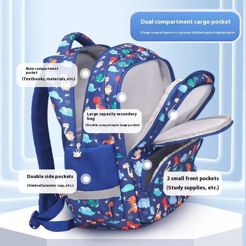Children's waterproof school backpack with dinosaur pattern showing curved shoulder straps and spine protection feature
