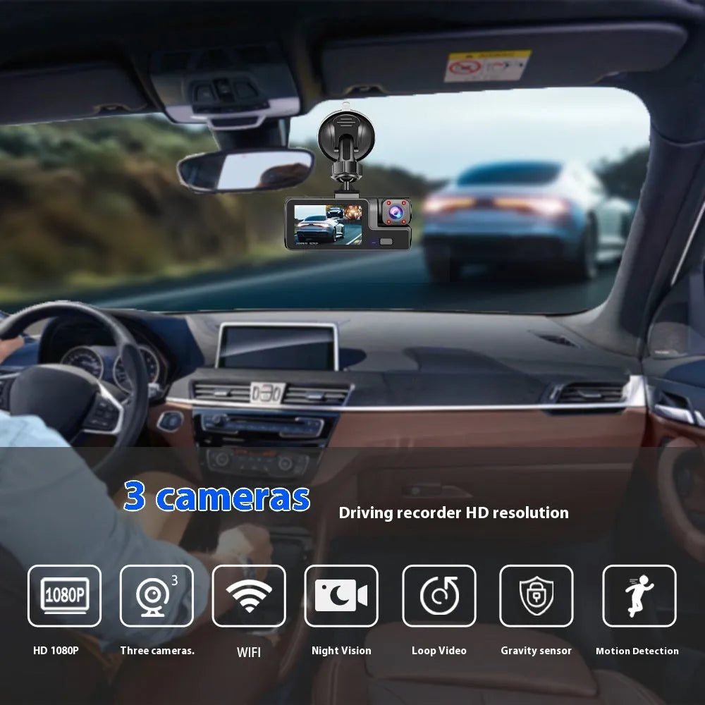 WiFi-enabled car dash cam with 2-inch screen for front and rear vehicle recording and parking aid display