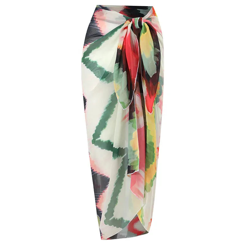 Women's striped two-piece swimsuit set with matching hip skirt on a mannequin.