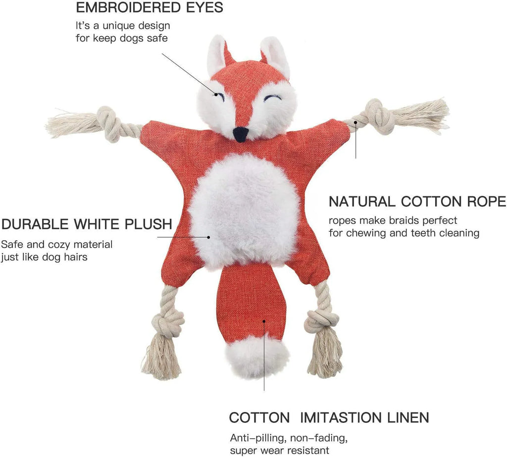 Brown fox-shaped dog toy with embroidered eyes, cotton rope limbs, and squeaker crinkle features