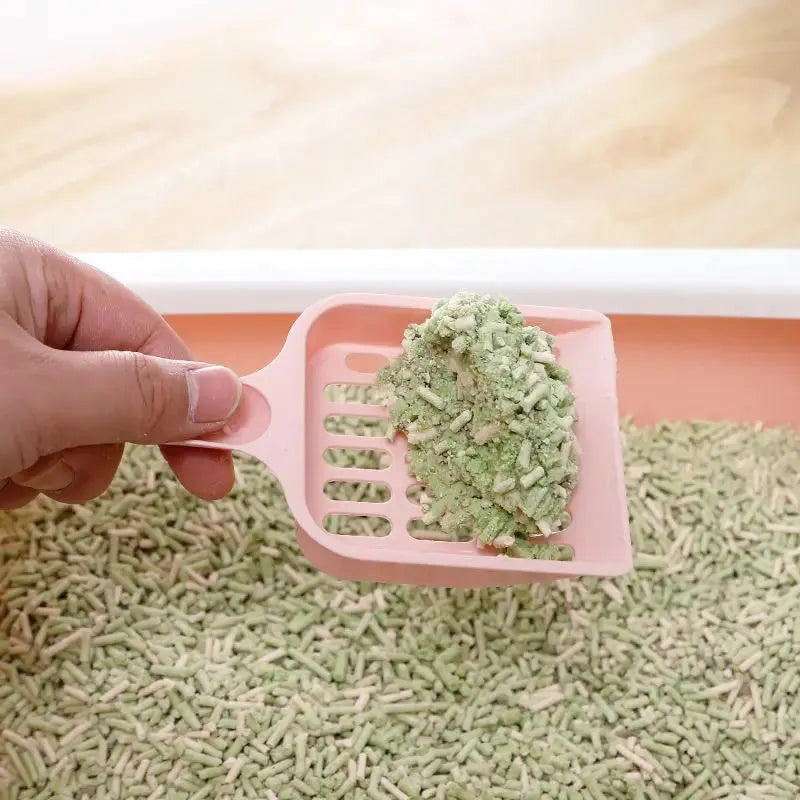 Blue plastic cat litter scoop showing 20cm length and 9cm wide head for cleaning pet toilet trays.