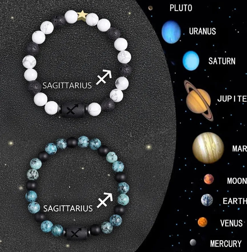 Set of twelve natural stone zodiac sign bracelets with elastic closures arranged in circle