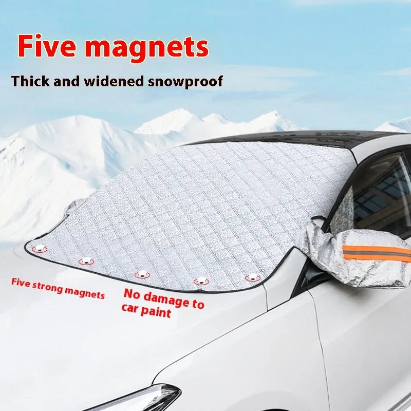 Thickened aluminium foil front windshield winter cover for SUV cars with reflective stripes and magnets.