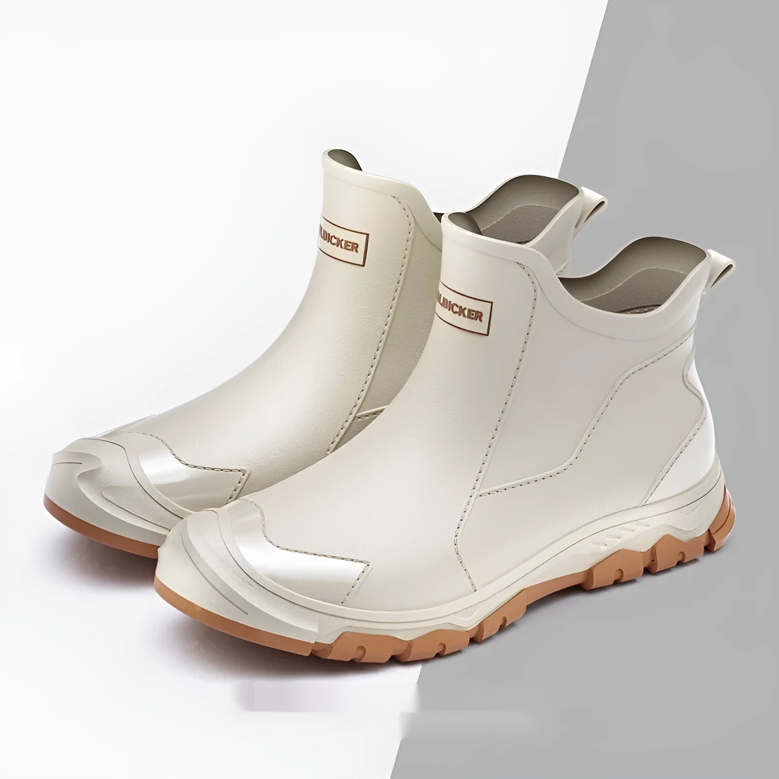 Pair of solid colour PVC rain boots with flat heel and round head, size 36-48, non-slip sole