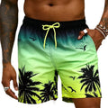 Man wearing ethnic pattern polyester swimming trunks, loose board short style, on a beach.
