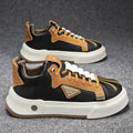 Men's beige and black casual sneakers with elastic band closure and microfiber upper