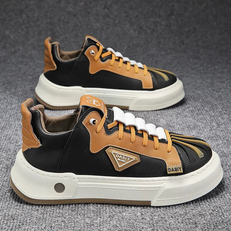 Men's beige and black casual sneakers with elastic band closure and microfiber upper