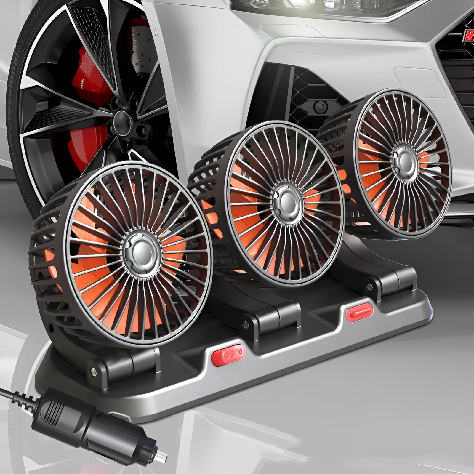 Three head automotive electric cooling fan with adjustable heads and long cable