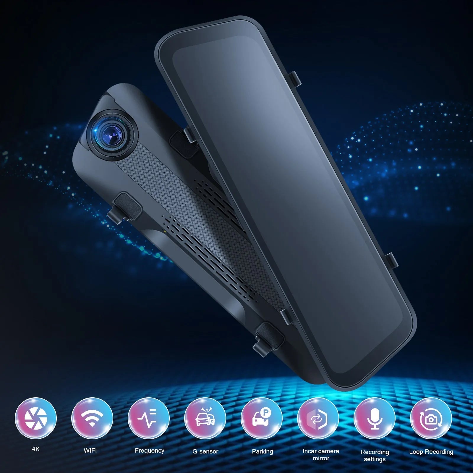 Streaming media rearview mirror dash cam with 9.66 inch touch screen front 4K rear 1080p dual cameras