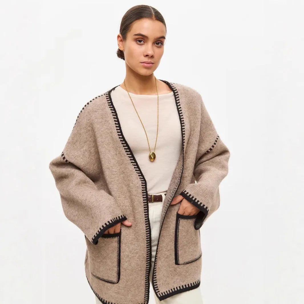 Lace-up front knitted cardigan sweater coat in imitation cashmere cotton fabric