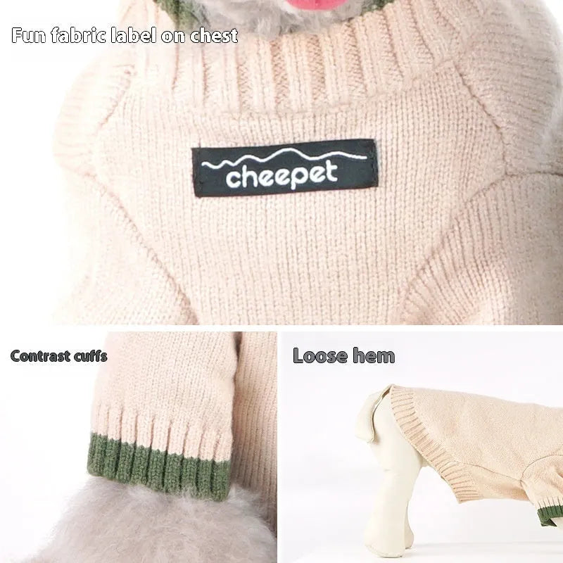 British-style two-legged wool pet sweater in Crown Blue on a dog model