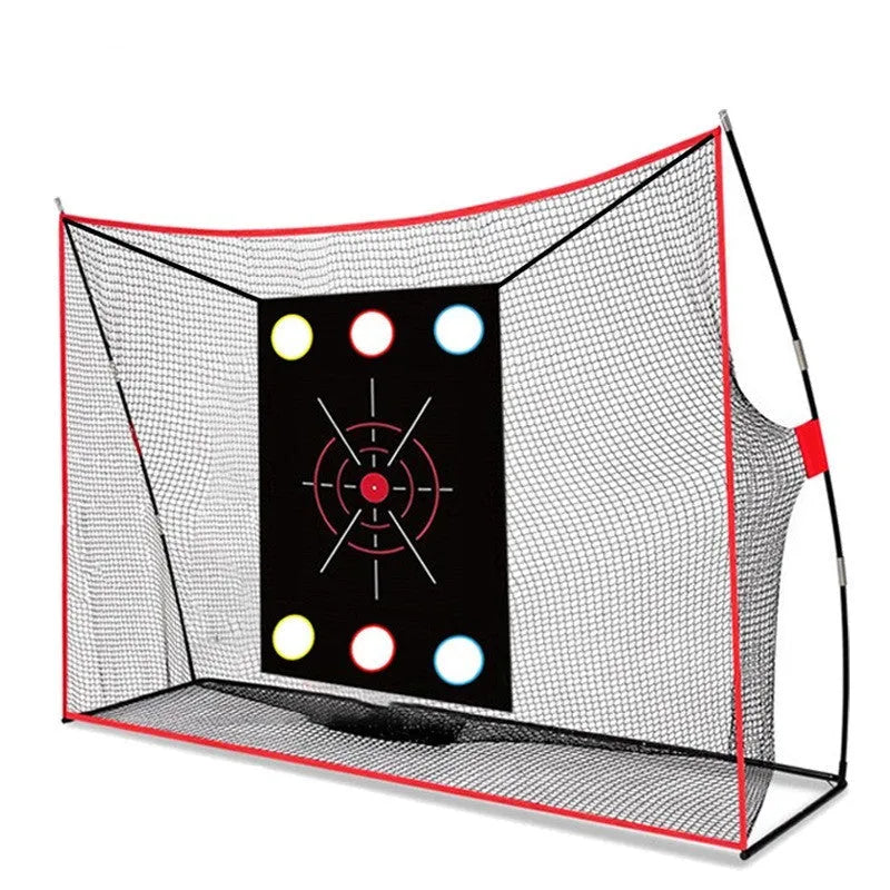 Golf swing wedge training net with 3-hole cross net and straw mat practice area