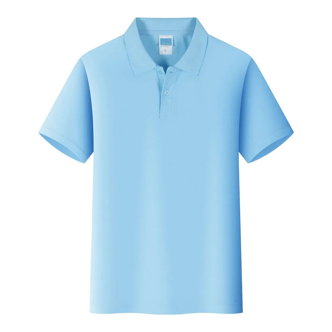 Short-sleeved cotton advertising work shirt on a hanger, straight fit, for custom embroidery.
