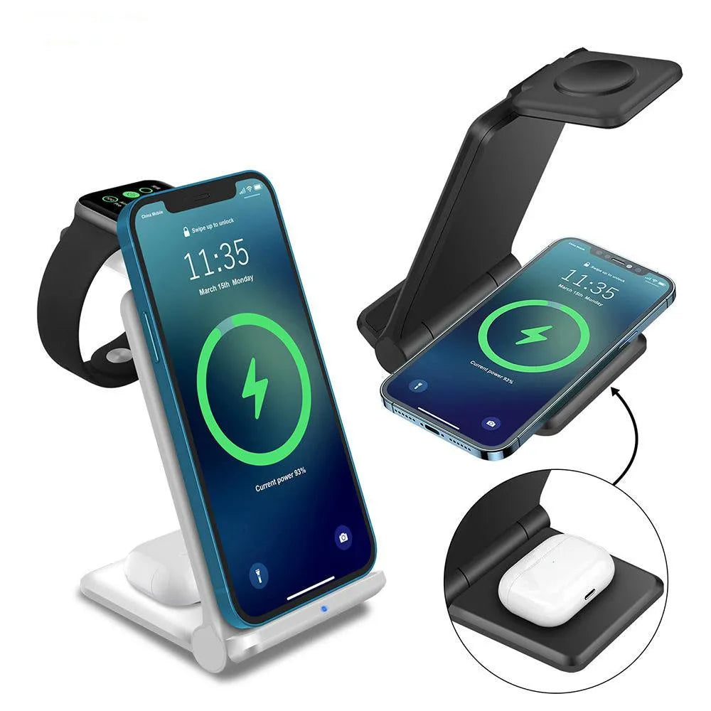 White 3-in-1 wireless charging station showing phone, Apple Watch and AirPods charging simultaneously.
