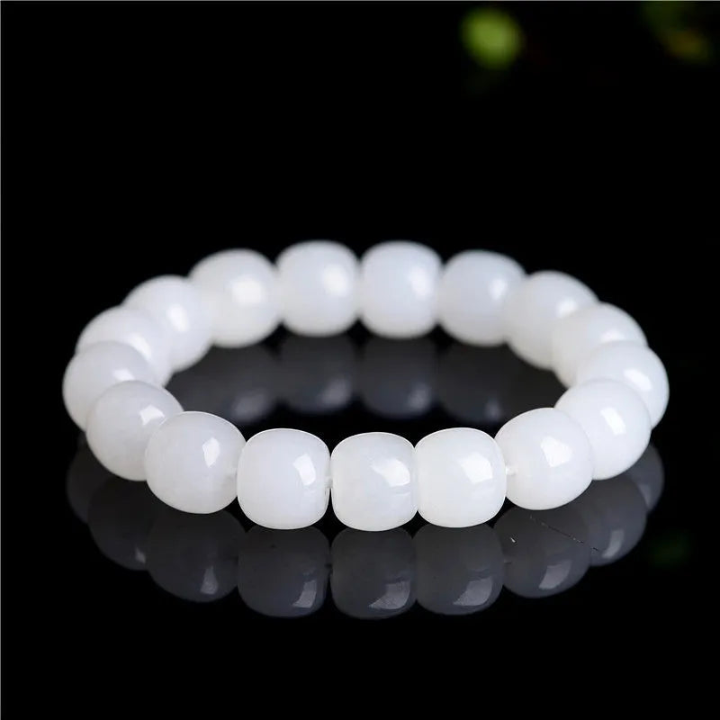 White jade barrel beads bracelet with polished Hetian jade stones in three size options