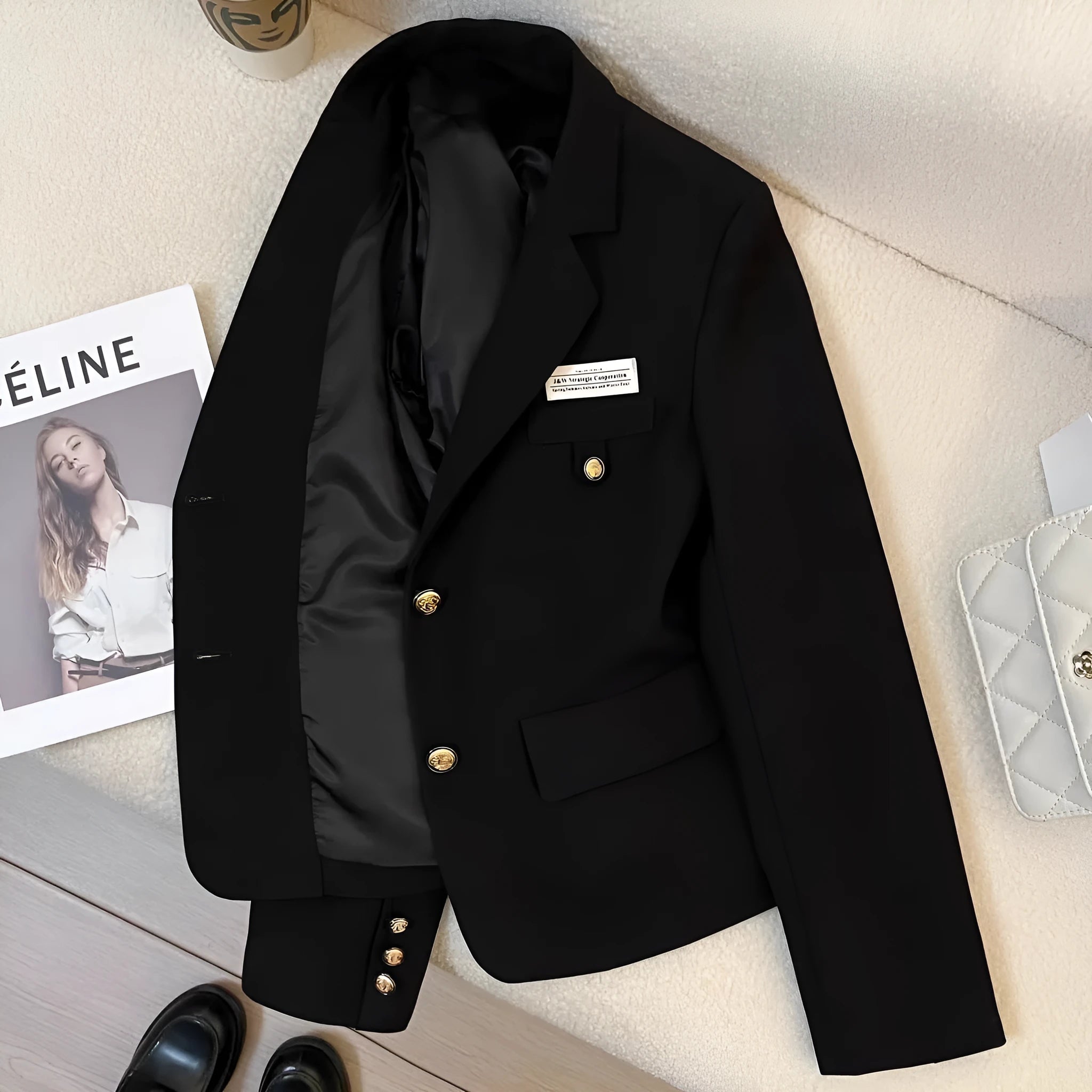 Women's black loose-fit short suit coat with long sleeves and pockets, shown on a hanger.