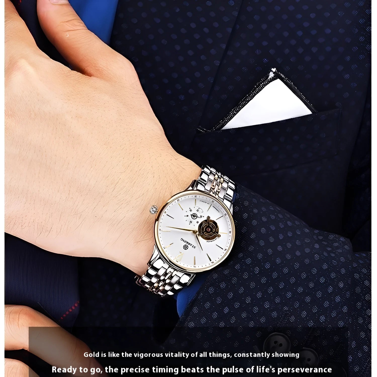 Automatic mechanical men's business watch with hollow dial on brown leather strap