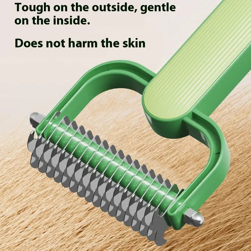 Green dog grooming comb with stainless steel teeth for detangling matted pet hair