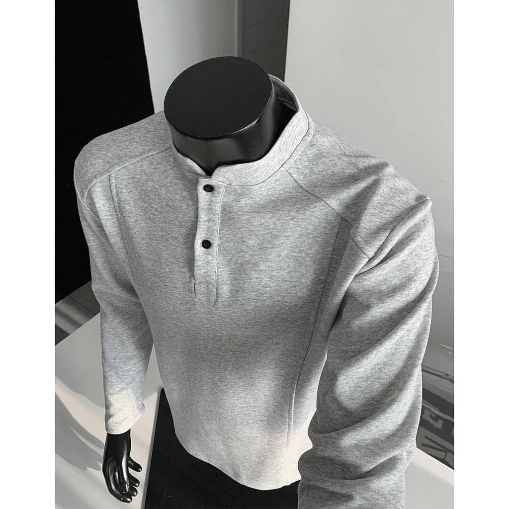 Men's patchwork polo shirt with stand-up collar and asymmetric design in heather gray